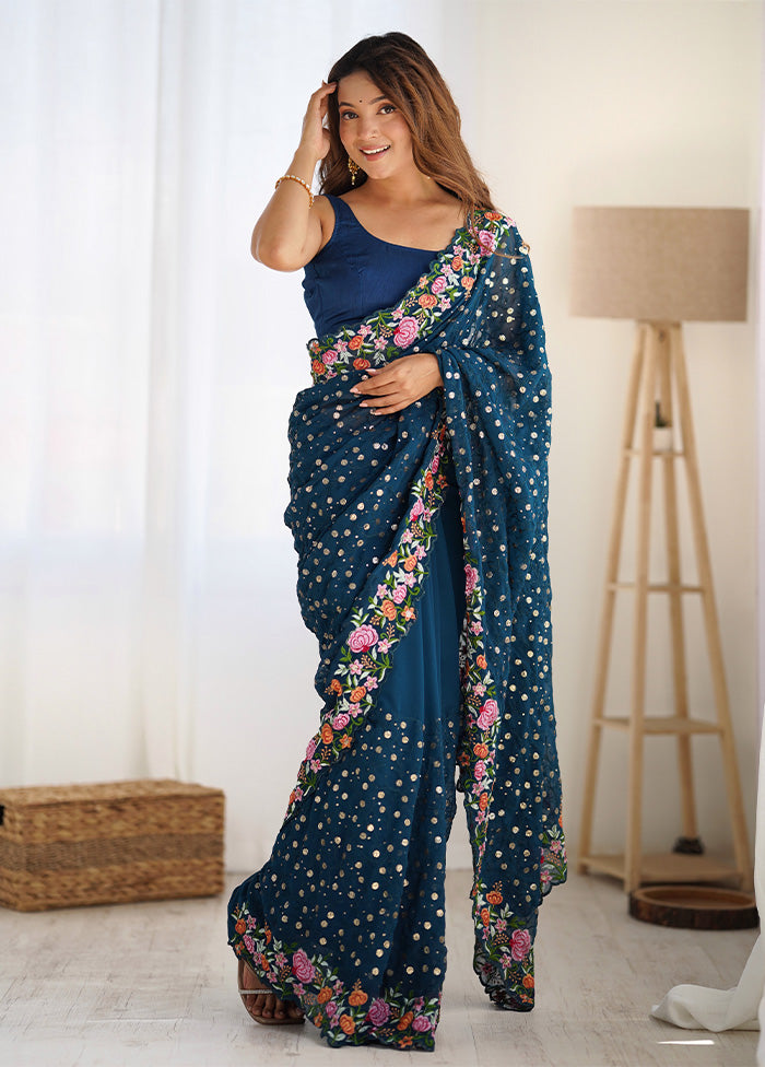 Teal Blue Georgette Saree With Blouse Piece