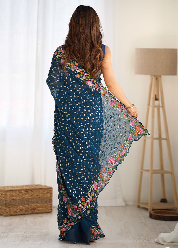 Teal Blue Georgette Saree With Blouse Piece