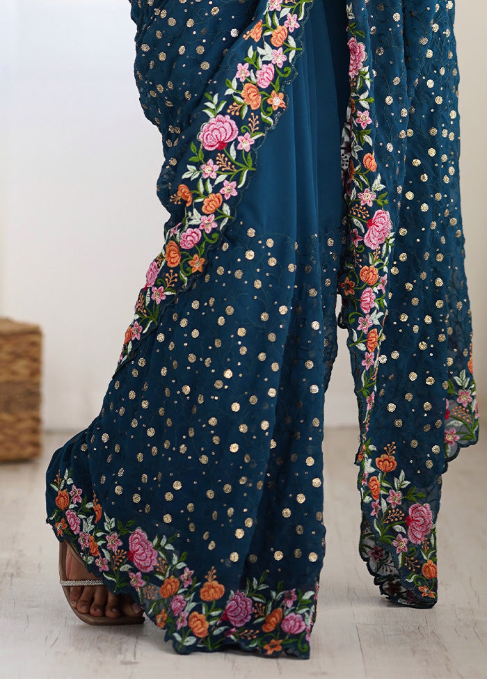 Teal Blue Georgette Saree With Blouse Piece