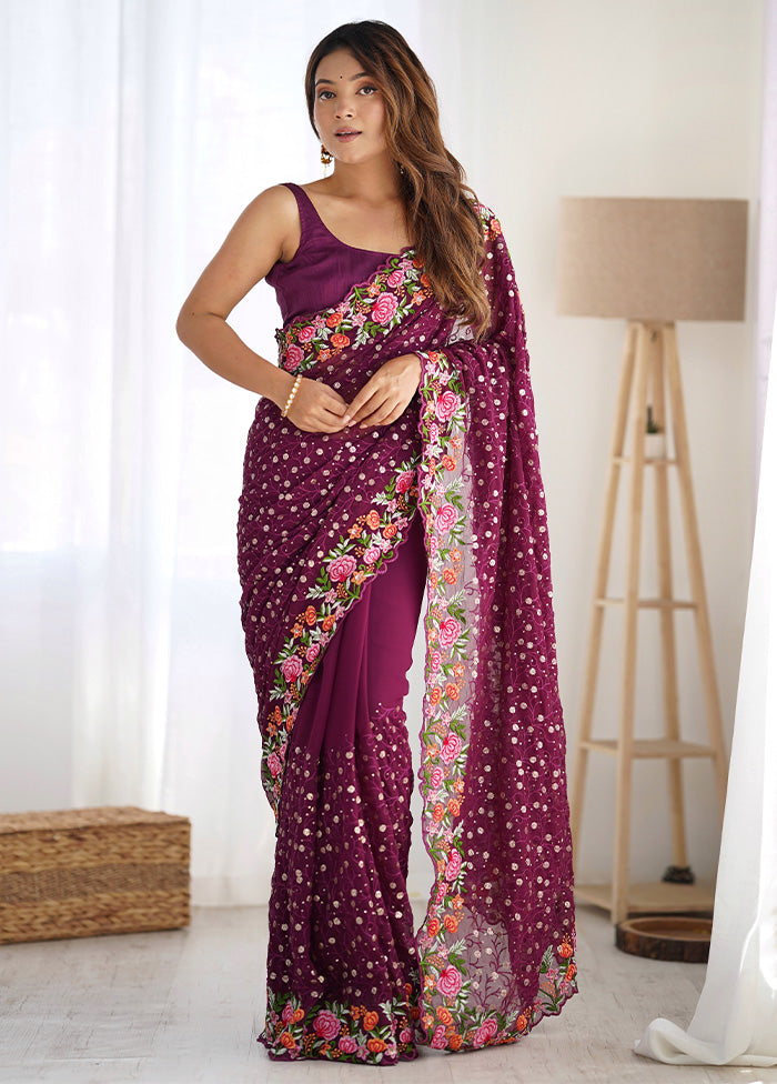 Wine Georgette Saree With Blouse Piece