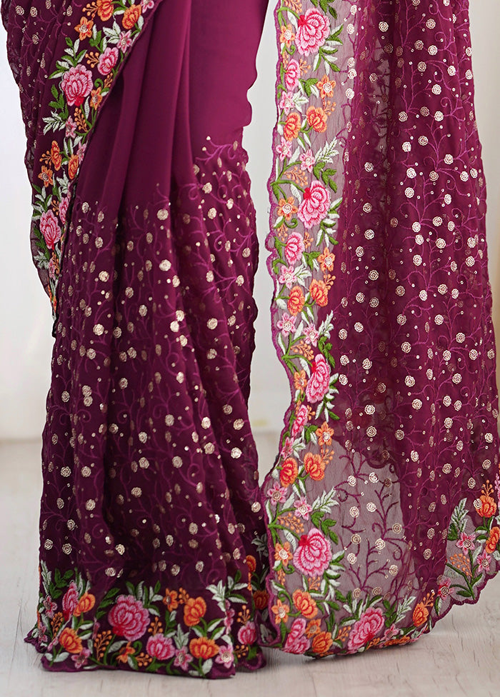 Wine Georgette Saree With Blouse Piece