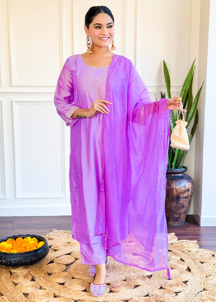 3 Pc Purple Readymade Chanderi Dupatta Suit Set