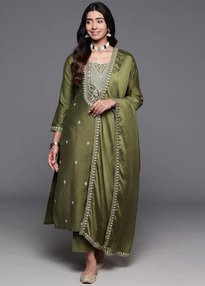 3 Pc Green Readymade Chanderi Dupatta Suit Set