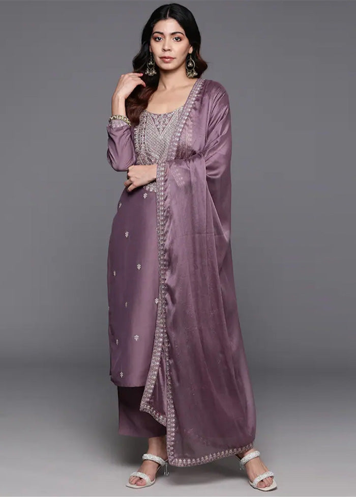 3 Pc Purple Readymade Chanderi Dupatta Suit Set