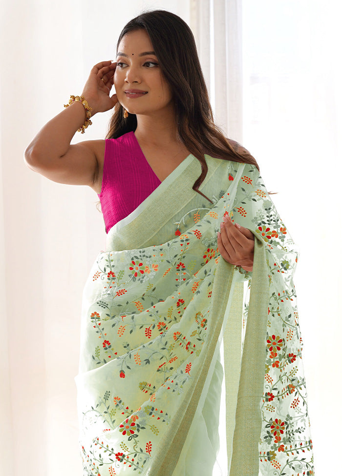 Pista Green Organza Saree With Blouse Piece