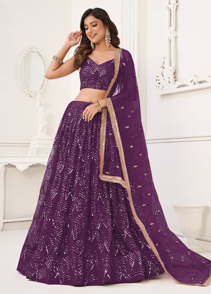 3 Pc Wine Net Semi Stitched Lehenga Set