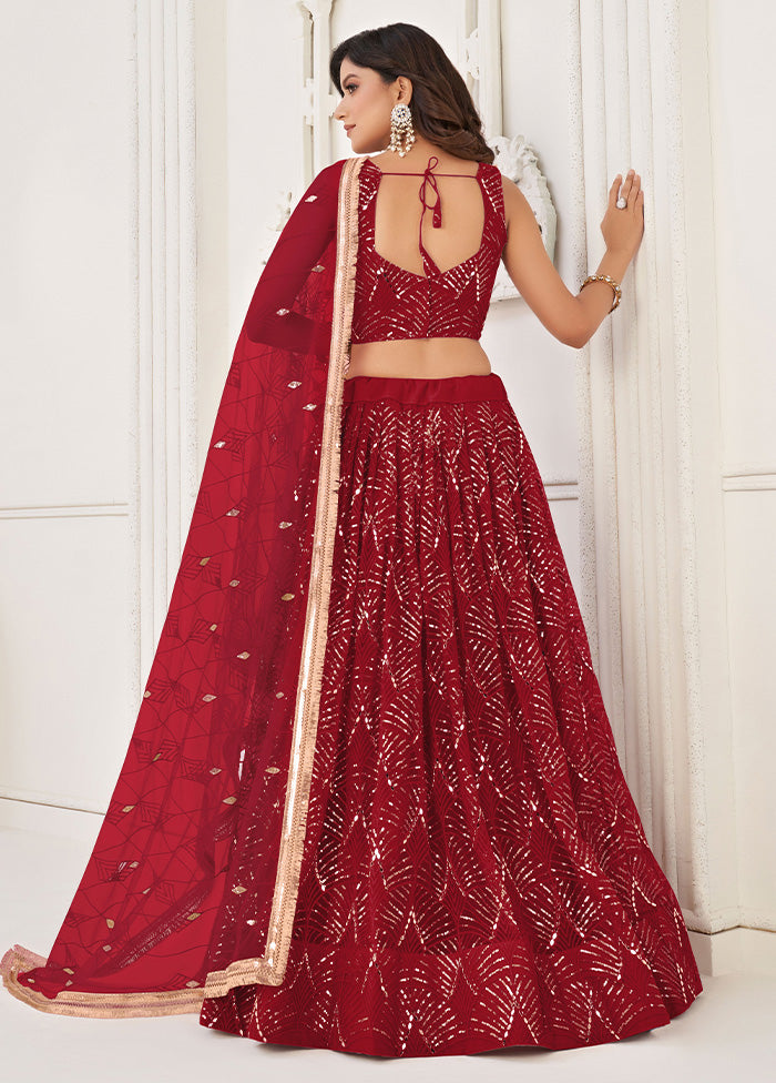 3 Pc Maroon Net Semi Stitched Lehenga Set