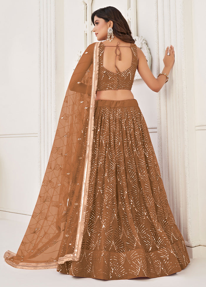 3 Pc Brown Net Semi Stitched Lehenga Set