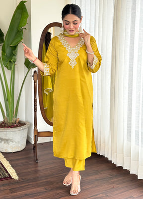 3 Pc Yellow Readymade Chanderi Dupatta Suit Set