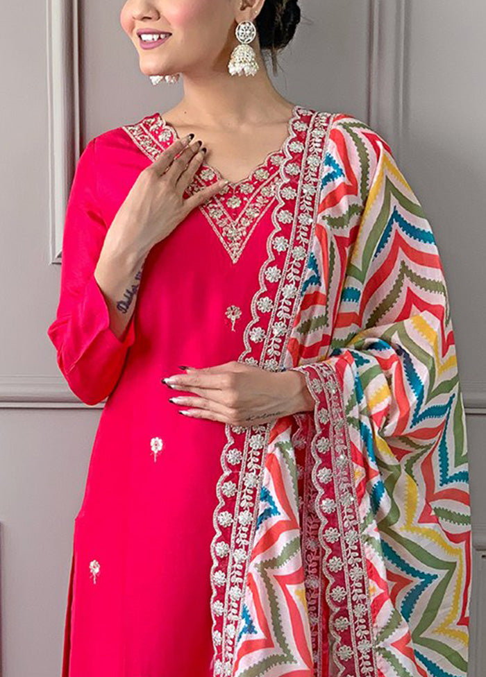 3 Pc Pink Readymade Viscose Dupatta Suit Set