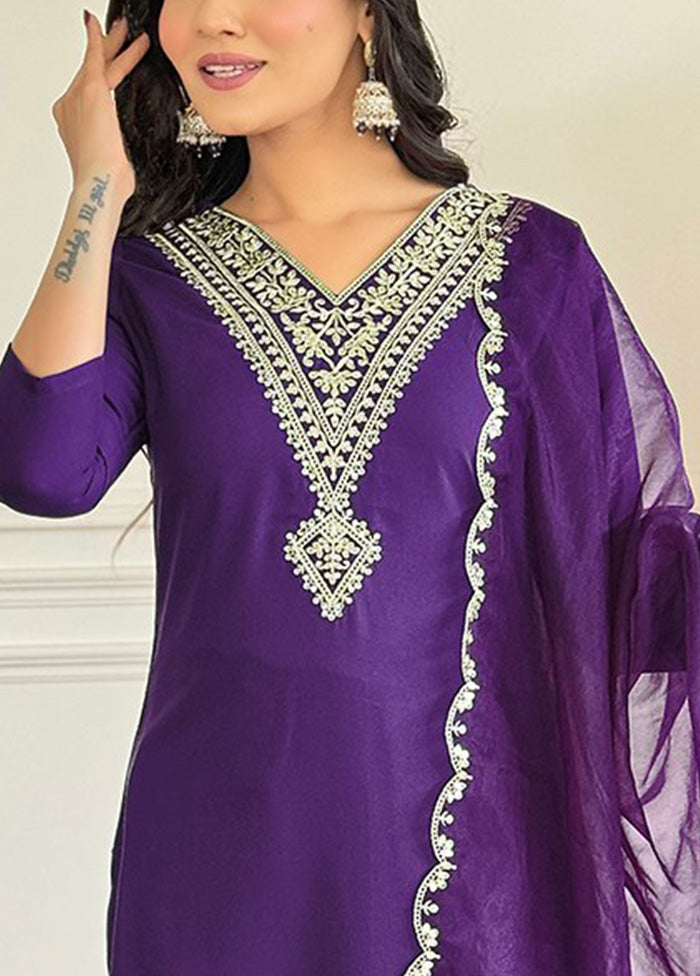 3 Pc Purple Readymade Viscose Dupatta Suit Set