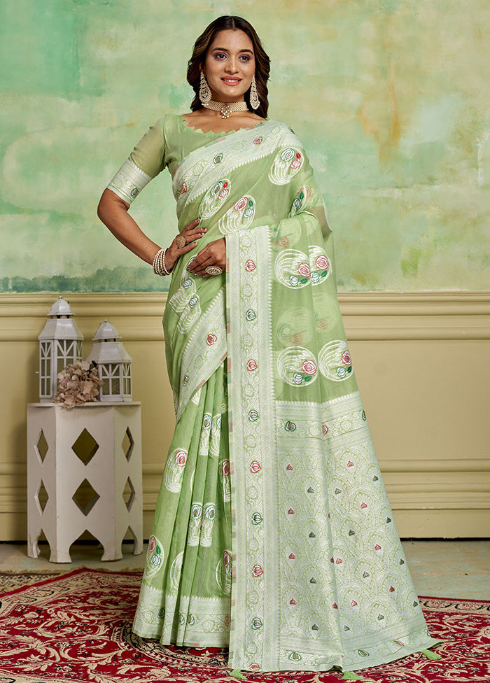 Green Cotton Saree With Blouse Piece