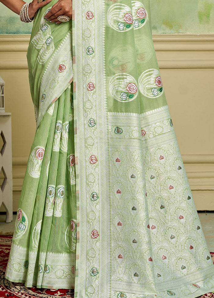 Green Cotton Saree With Blouse Piece