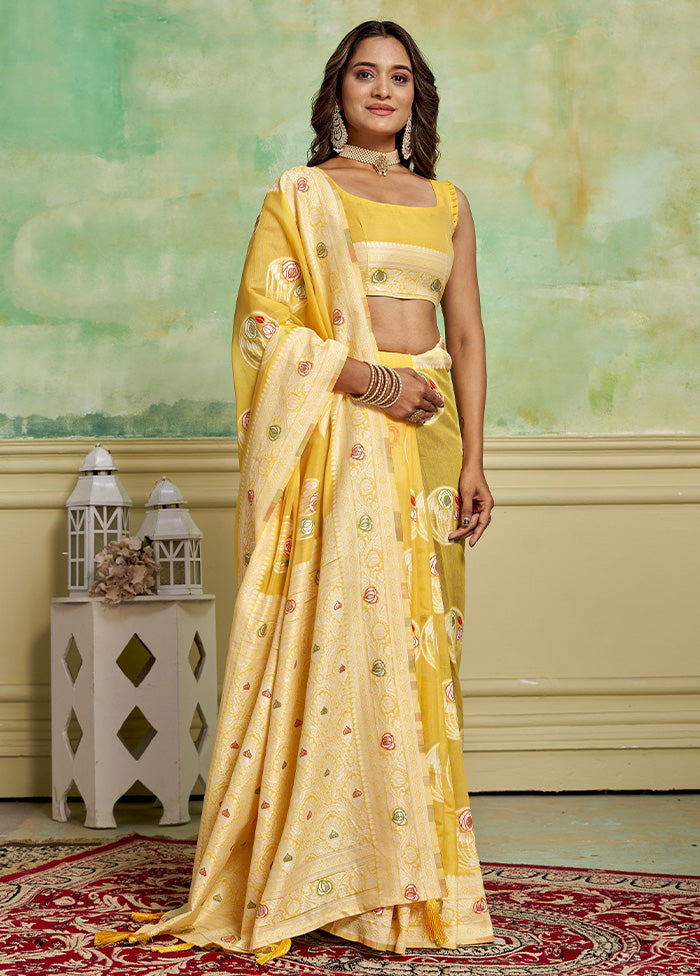 Yellow Cotton Saree With Blouse Piece