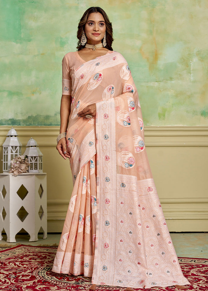 Peach Cotton Saree With Blouse Piece