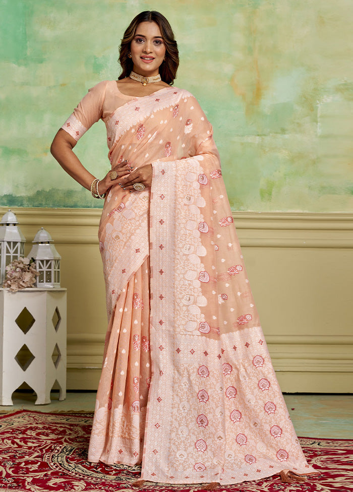 Peach Cotton Saree With Blouse Piece