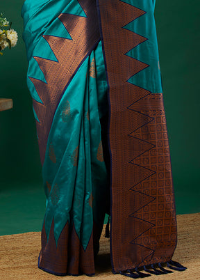 Aqua Banarasi Silk Saree With Blouse Piece