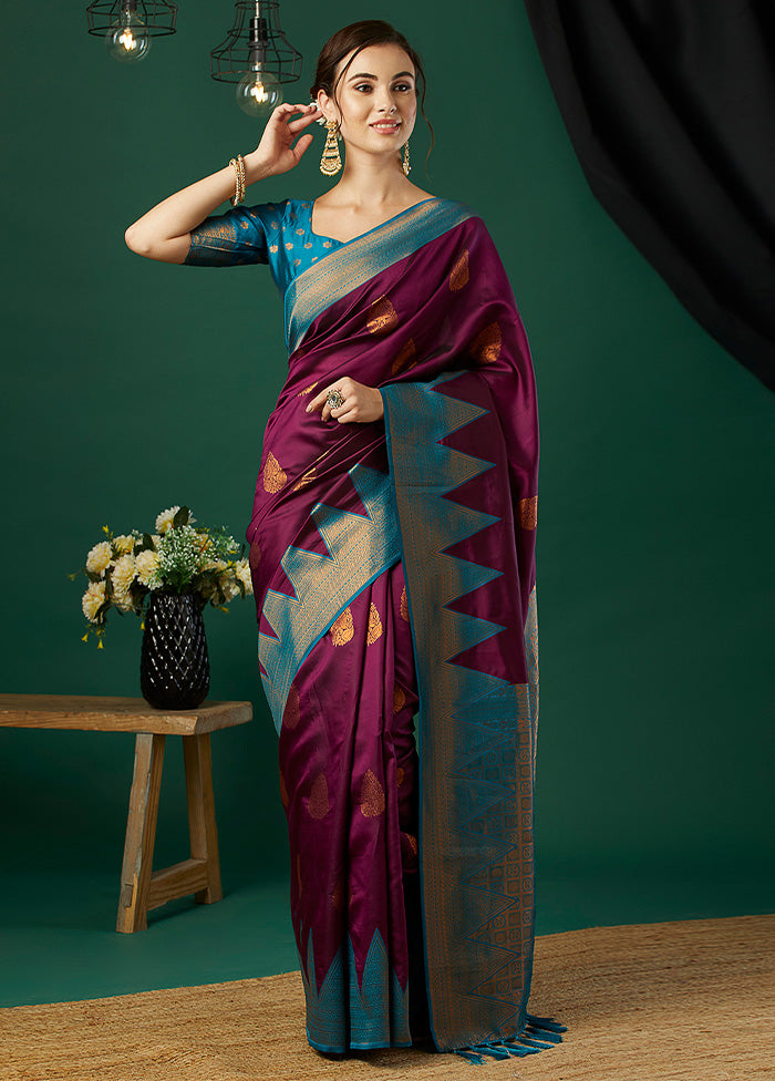 Wine Banarasi Silk Saree With Blouse Piece