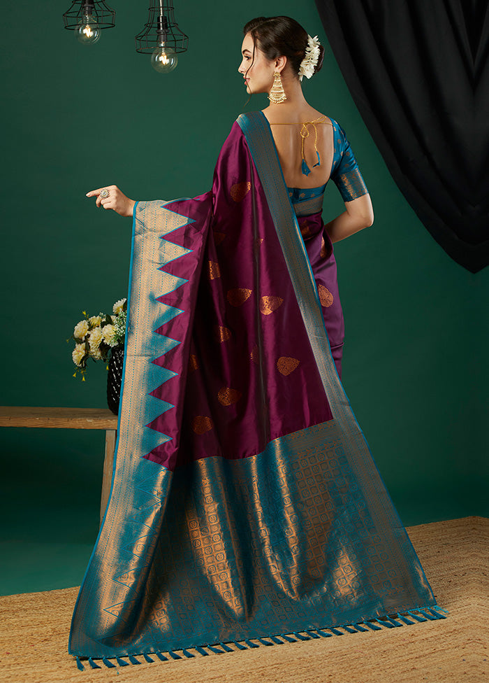 Wine Banarasi Silk Saree With Blouse Piece