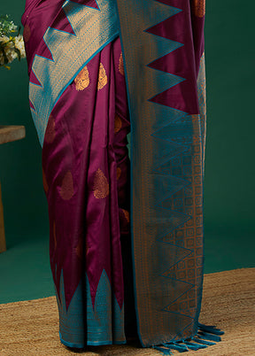 Wine Banarasi Silk Saree With Blouse Piece