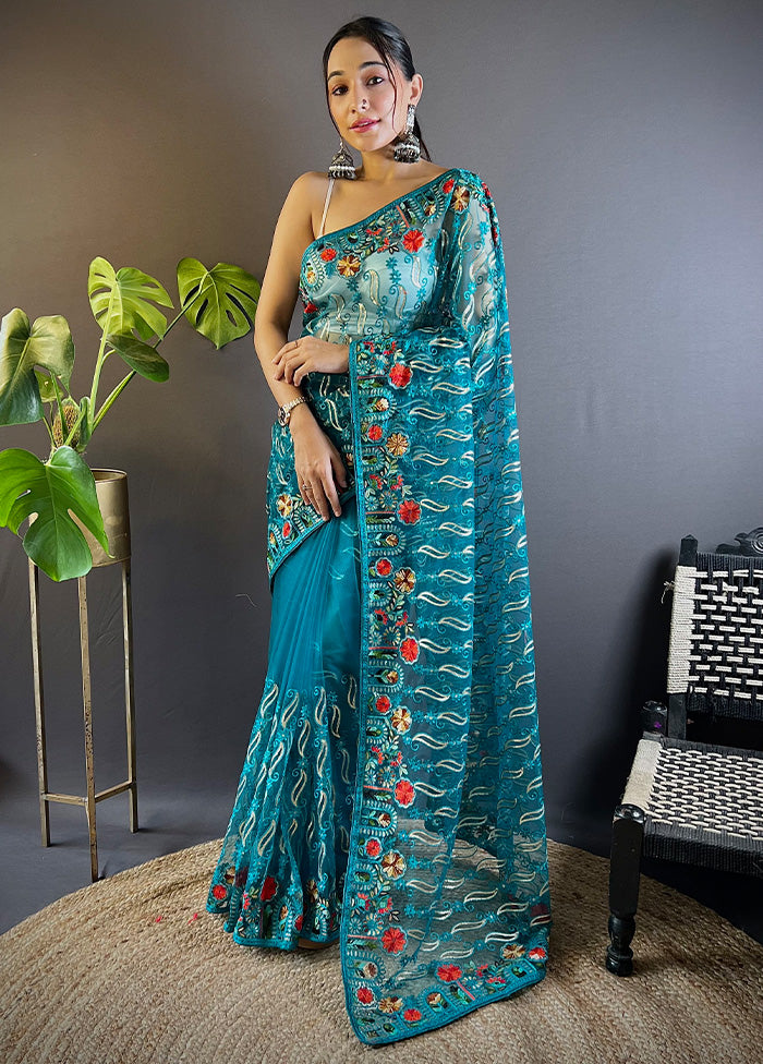 Rama Net Net Saree With Blouse Piece