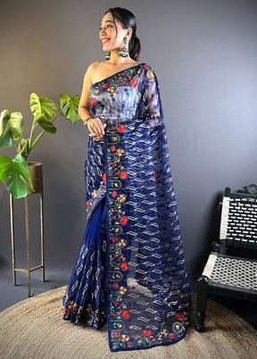 Blue Net Net Saree With Blouse Piece