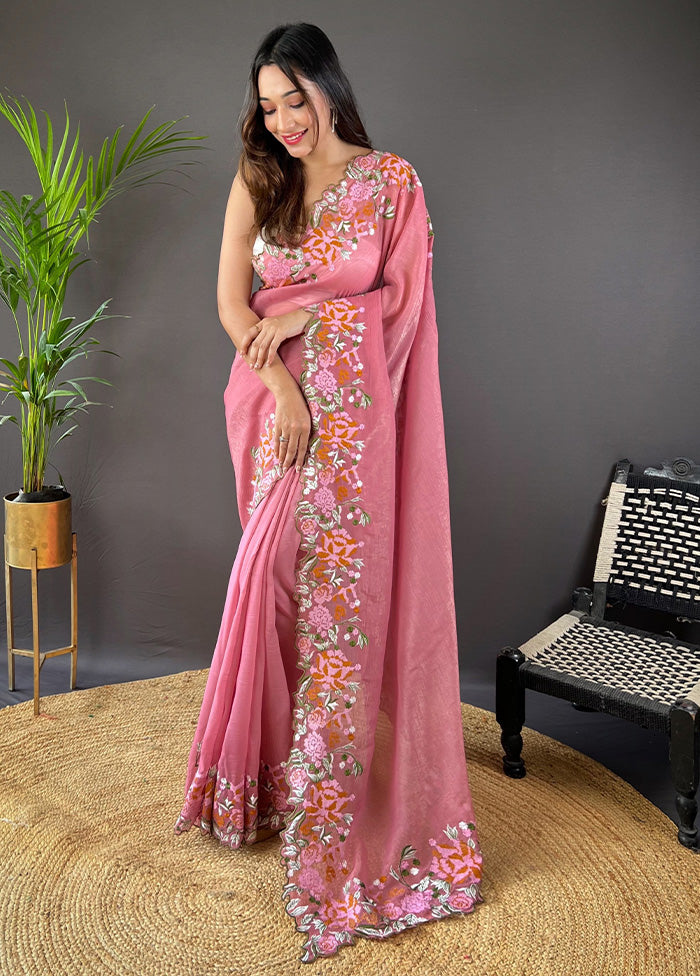 Pink Spun Silk Saree With Blouse Piece