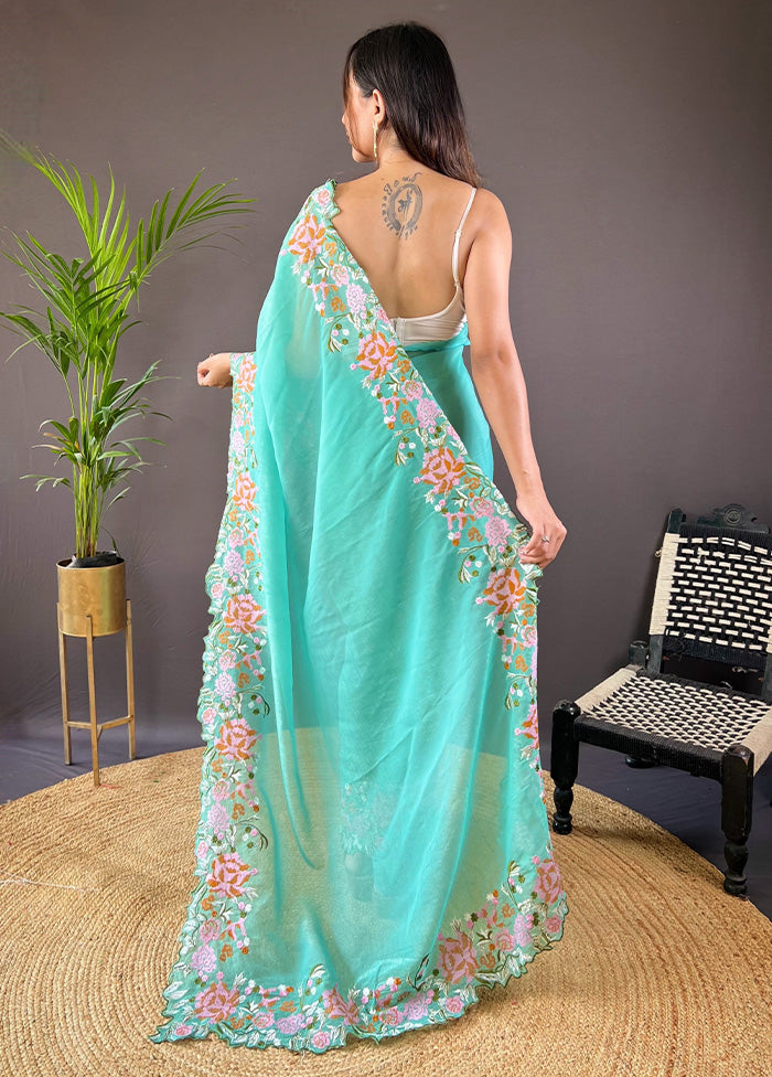 Sea Green Spun Silk Saree With Blouse Piece