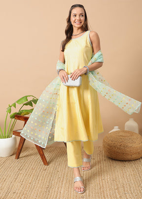 3 Pc Yellow Readymade Cotton Dupatta Suit Set