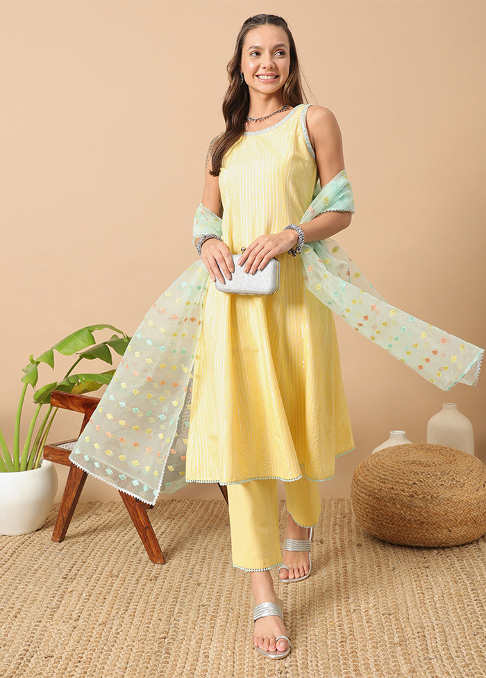 3 Pc Yellow Readymade Cotton Dupatta Suit Set