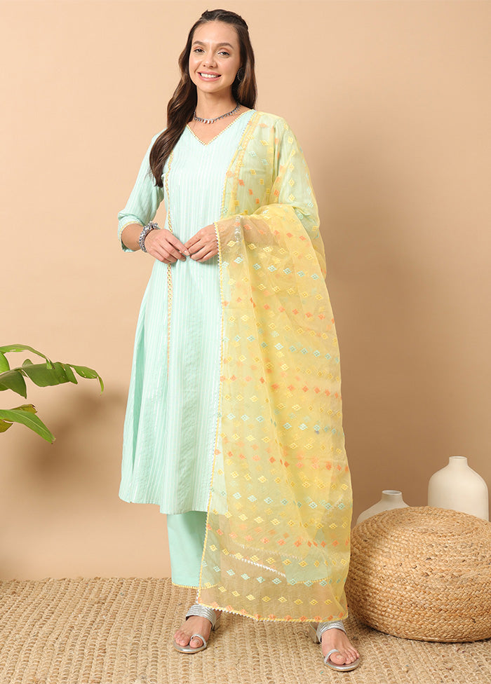 3 Pc Sea Green Readymade Cotton Dupatta Suit Set