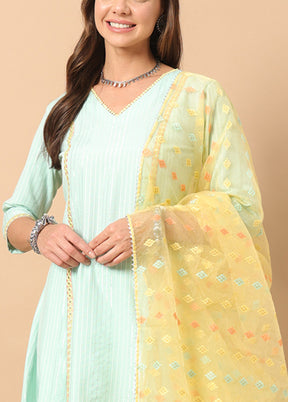 3 Pc Sea Green Readymade Cotton Dupatta Suit Set