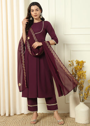 3 Pc Wine Readymade Silk Dupatta Suit Set