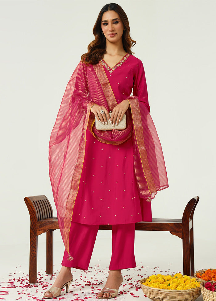 3 Pc Pink Readymade Chanderi Dupatta Suit Set