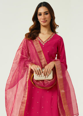 3 Pc Pink Readymade Chanderi Dupatta Suit Set