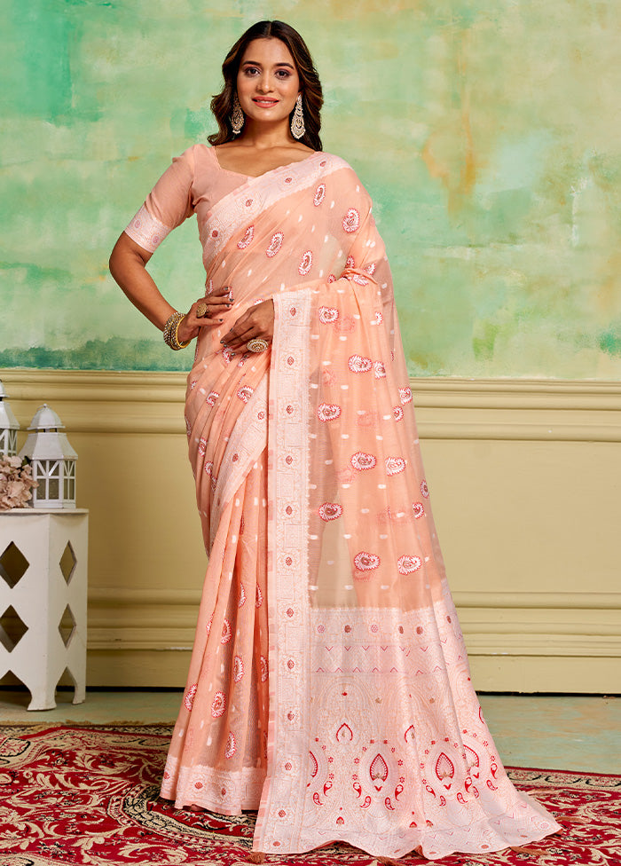 Peach Cotton Saree With Blouse Piece