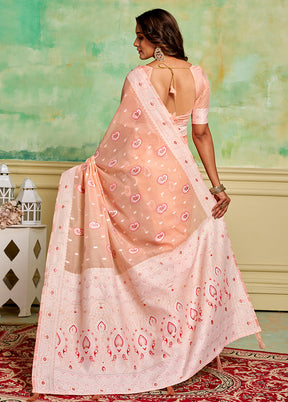 Peach Cotton Saree With Blouse Piece