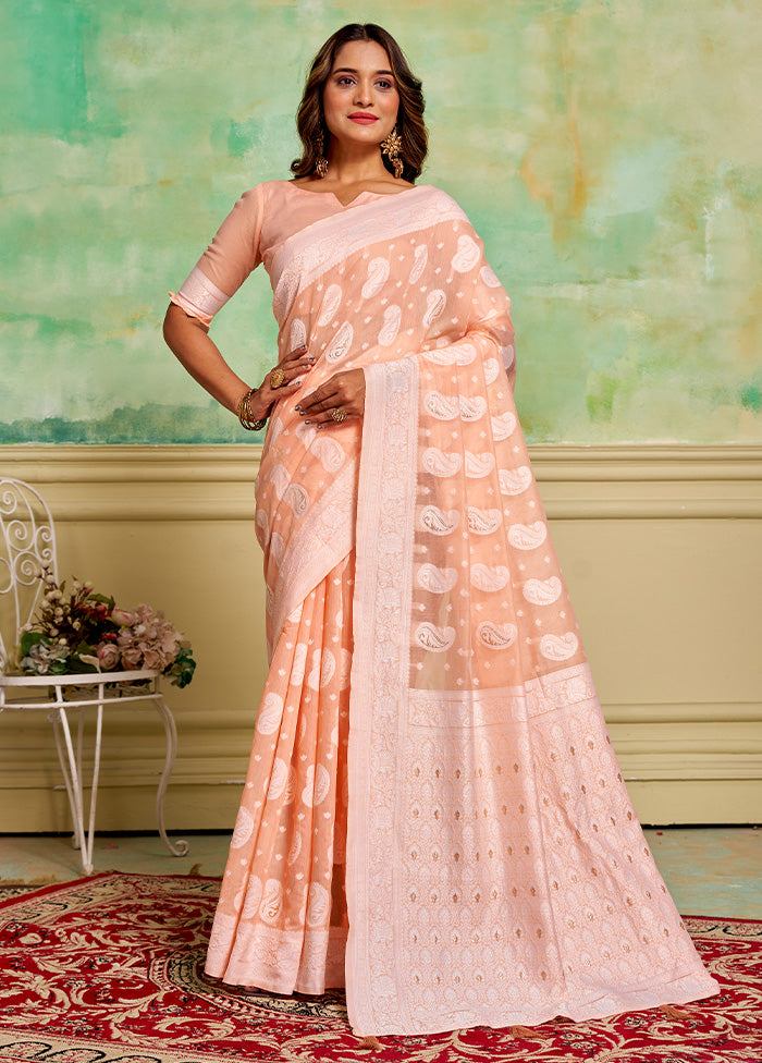 Peach Cotton Saree With Blouse Piece