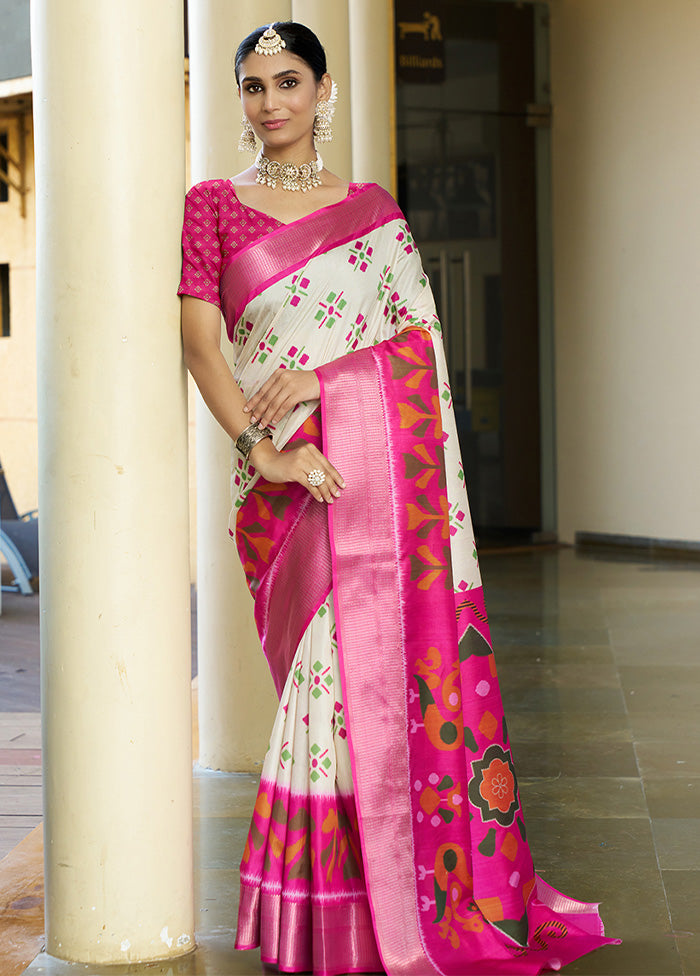 Cream Crepe Silk Saree With Blouse Piece