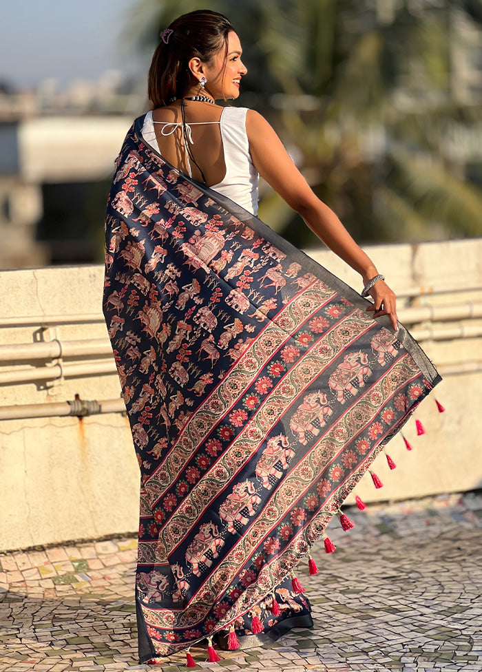 Blue Tussar Silk Saree With Blouse Piece