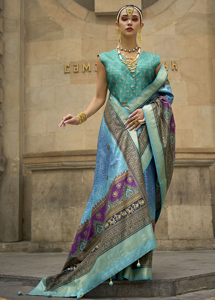 Blue Spun Silk Saree With Blouse Piece