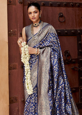 Blue Banarasi Silk Saree With Blouse Piece