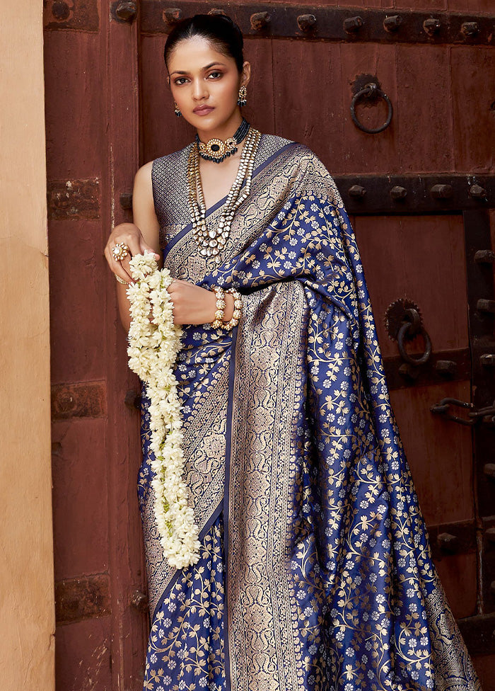 Blue Banarasi Silk Saree With Blouse Piece