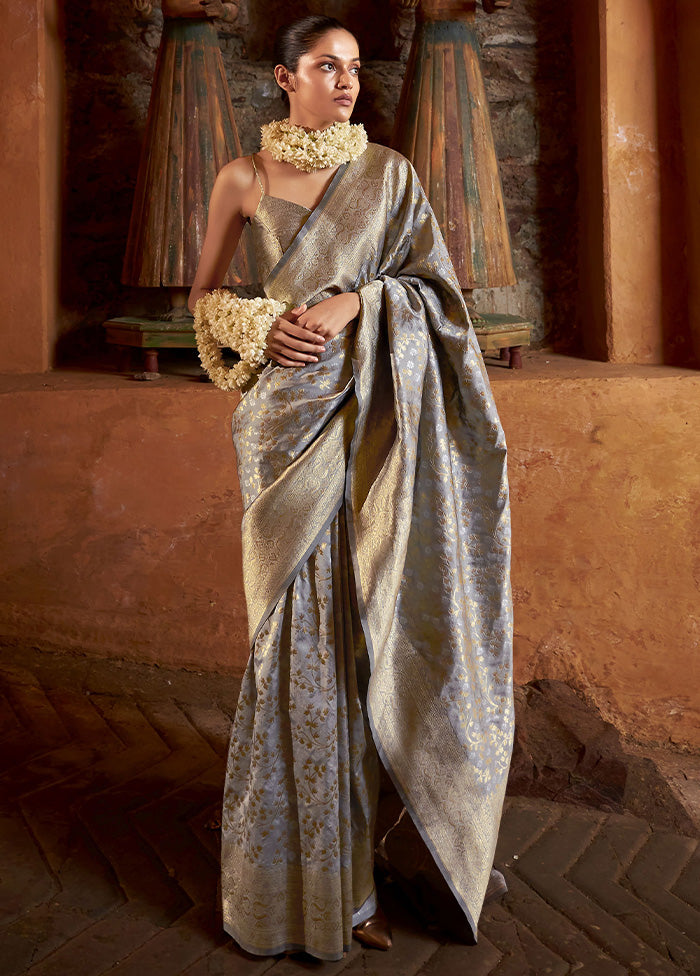 Grey Banarasi Silk Saree With Blouse Piece