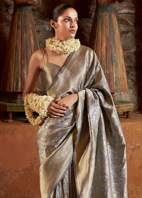 Grey Banarasi Silk Saree With Blouse Piece