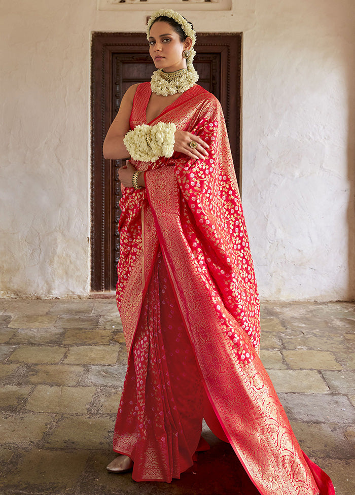 Red Banarasi Silk Saree With Blouse Piece