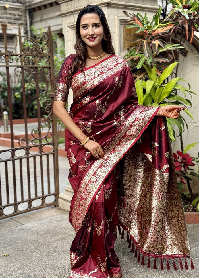 Maroon Banarasi Silk Saree With Blouse Piece