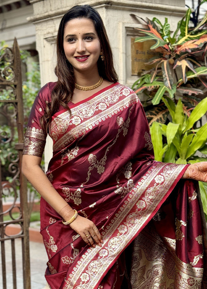 Maroon Banarasi Silk Saree With Blouse Piece