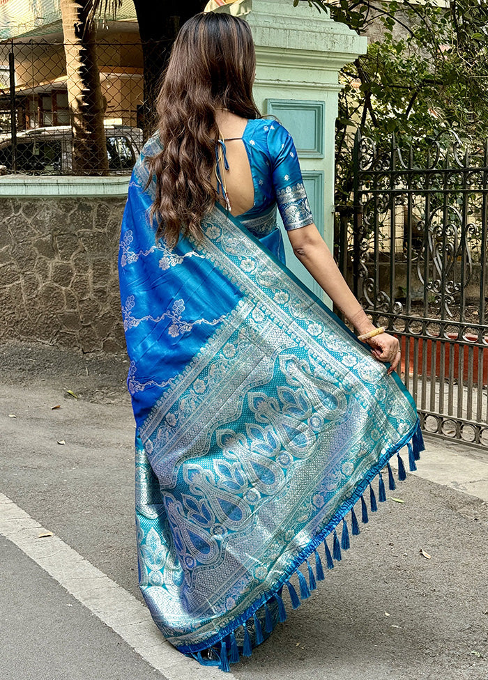 Sky Blue Banarasi Silk Saree With Blouse Piece