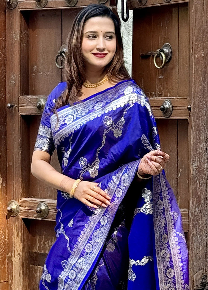 Royal Blue Banarasi Silk Saree With Blouse Piece